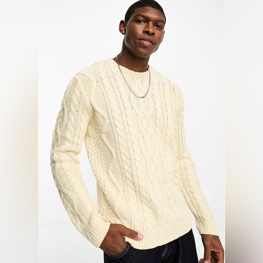 ASOS Design Cream Cable Knit Sweater Mens Medium Tall Long Ecru